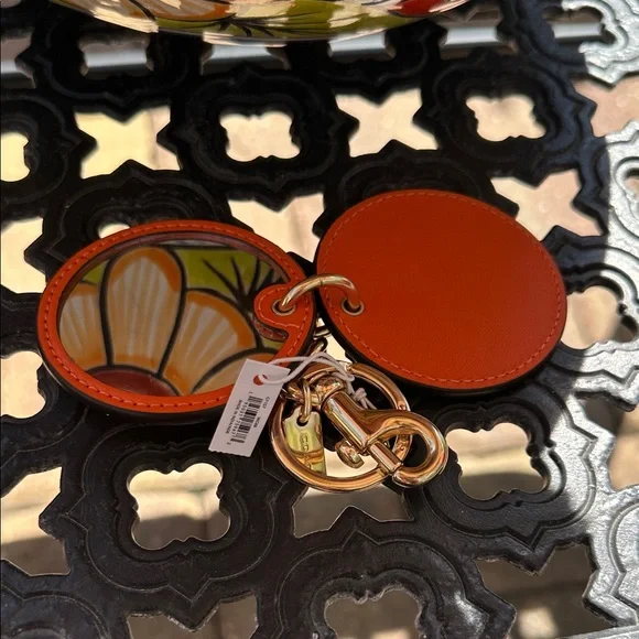 Coach Vibrant Orange Leather Keychain with Mirror